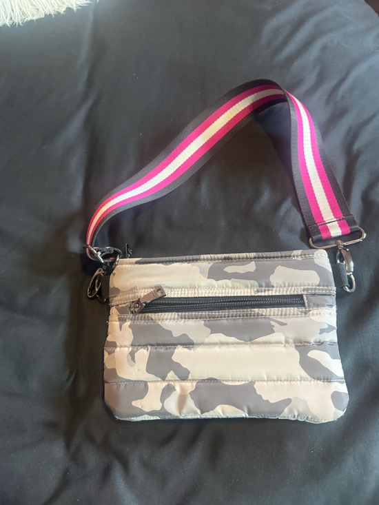 THINK ROYLN Handbags - THINK ROYLN Gray Camo Crossbody with Pink Stripe Strap